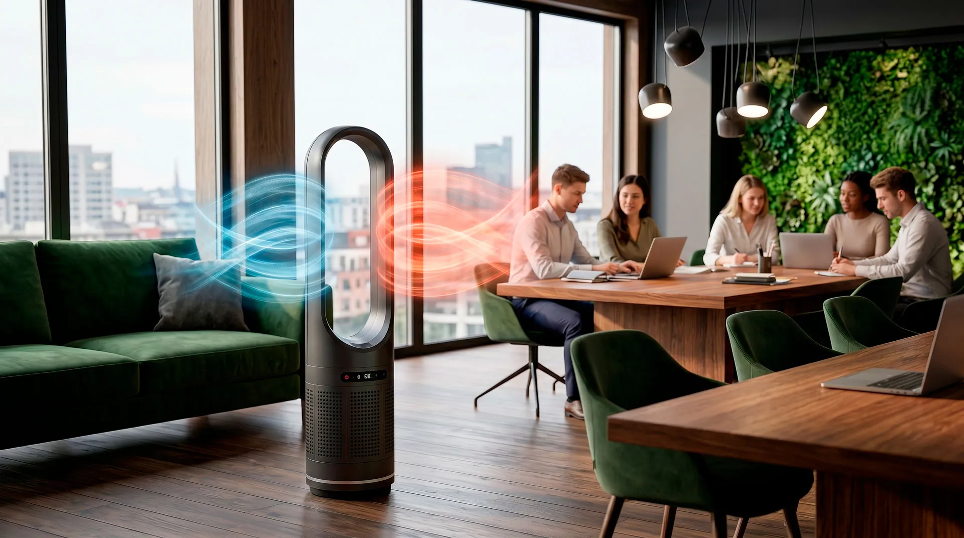 Heizlüfter, warm und kalt Visualisiert mit Wellen in einem modernen Büro